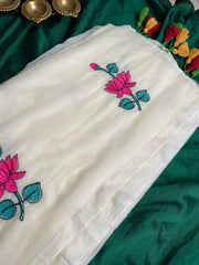 KAMALA embroiderypurple lotus off white mul cotton saree (SU 805)
