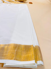 Ready to wear Cotton Traditional Kerala Kasavu Saree with Golden Zari Border SU 577