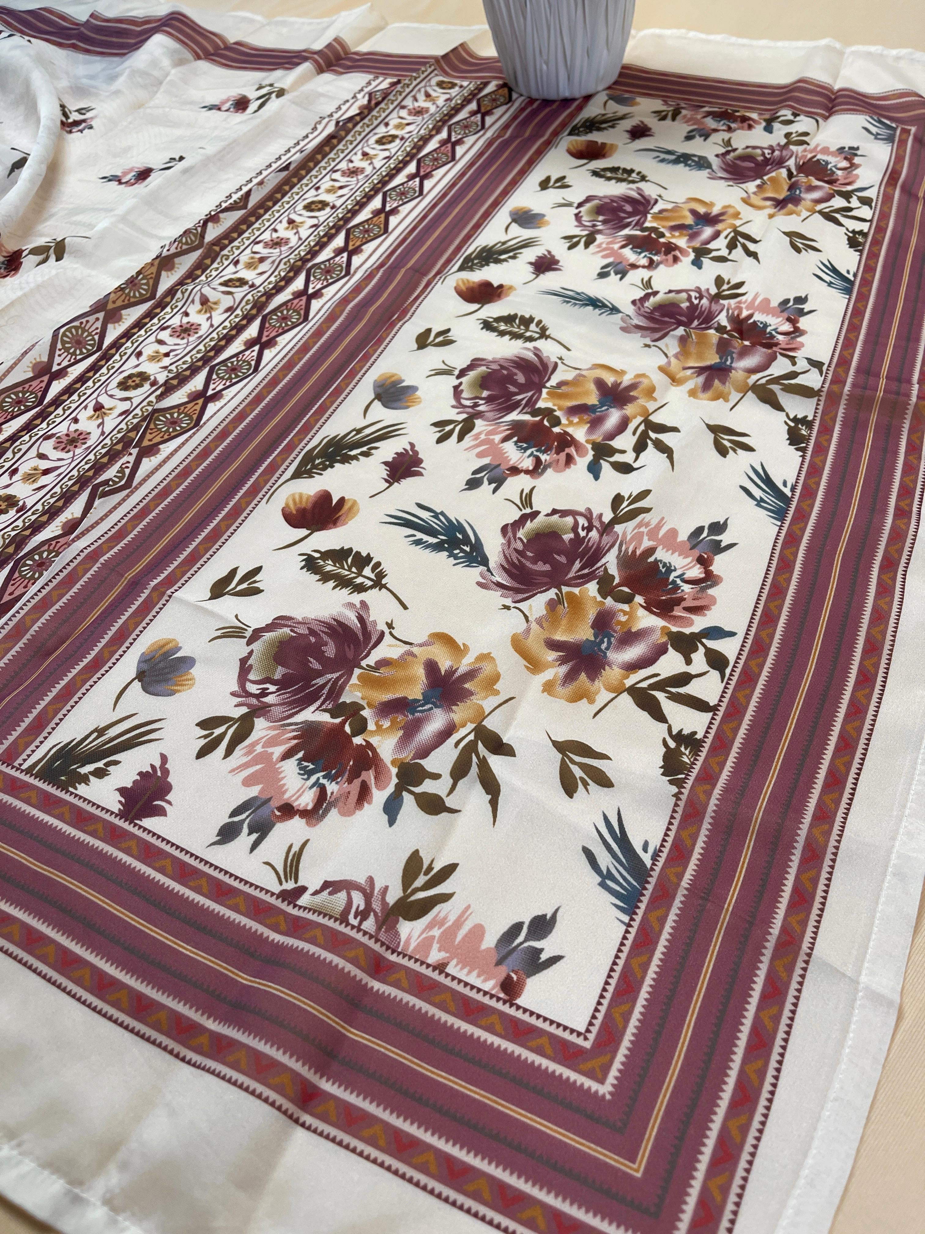 Cream & Brown Floral Print Kurtha Set - SU 73