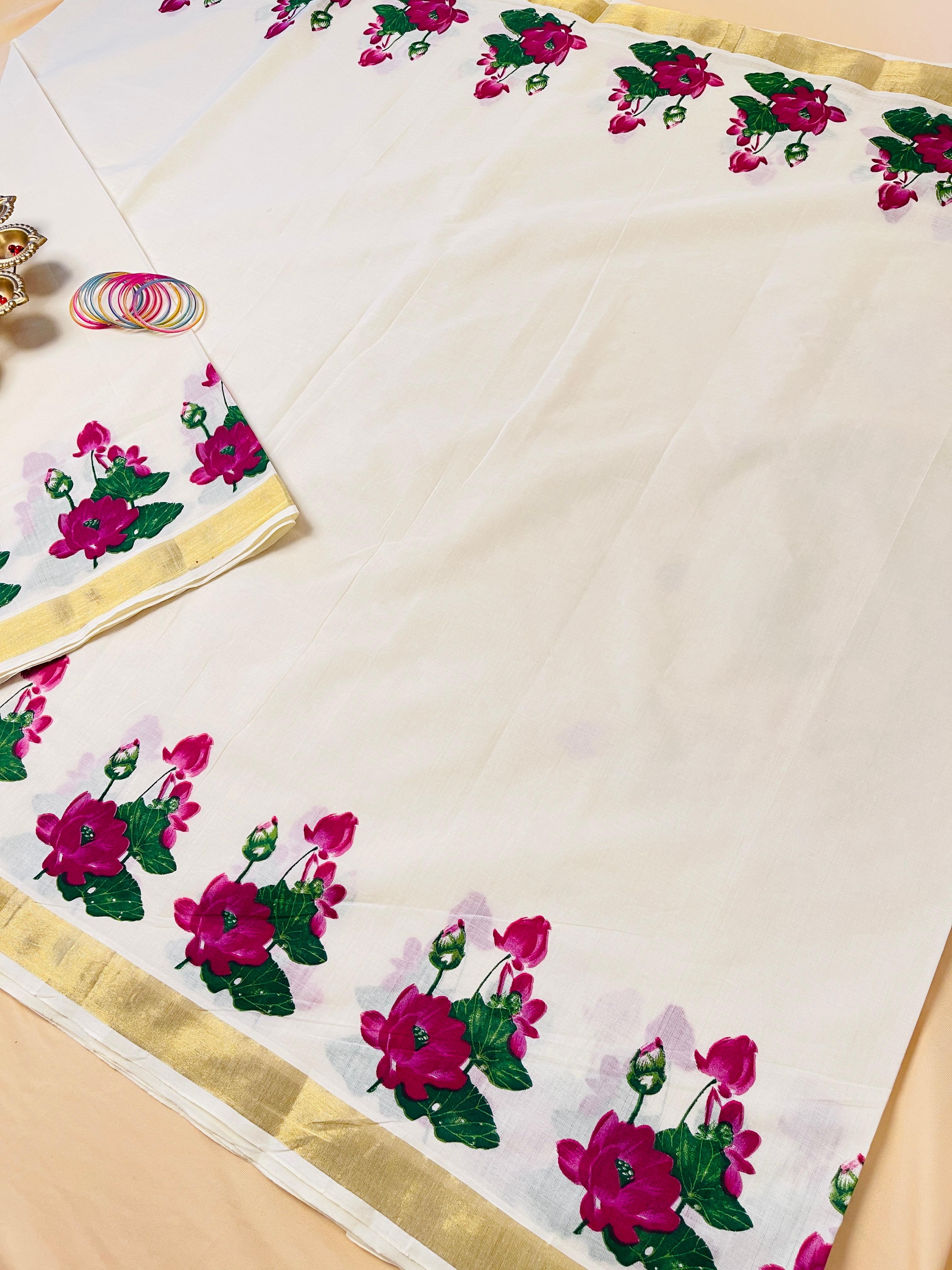 Magenta lotus printed cotton saree - Traditional wear