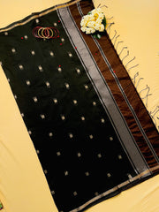 SU 570 Black & Brown Cotton Saree with Gold Zari Motifs and Contrast Border