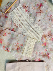 Light pink kurtha set with white lace work