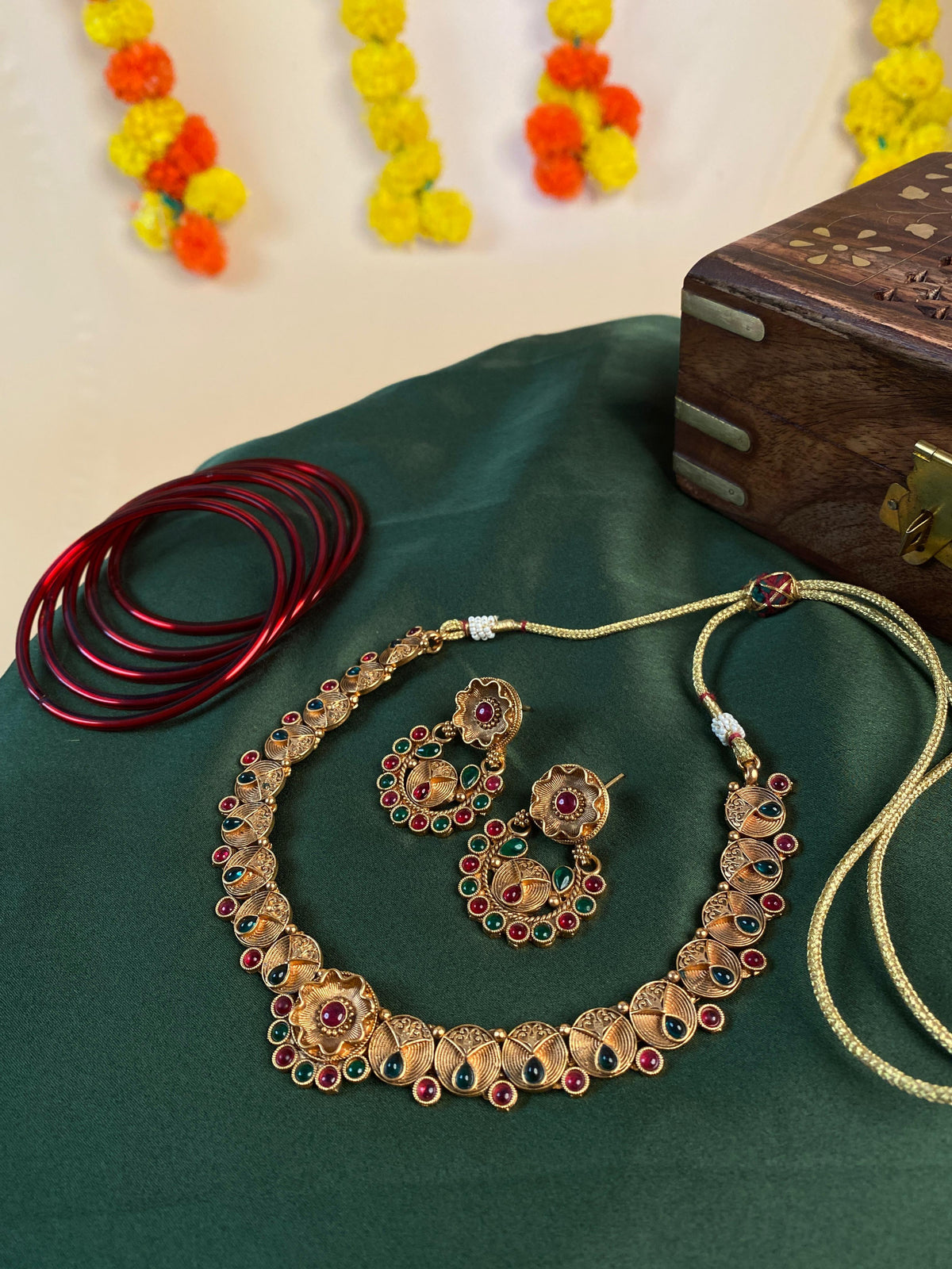 Antique Peacock Leaf Choker Set with Ruby & Emerald Stones
