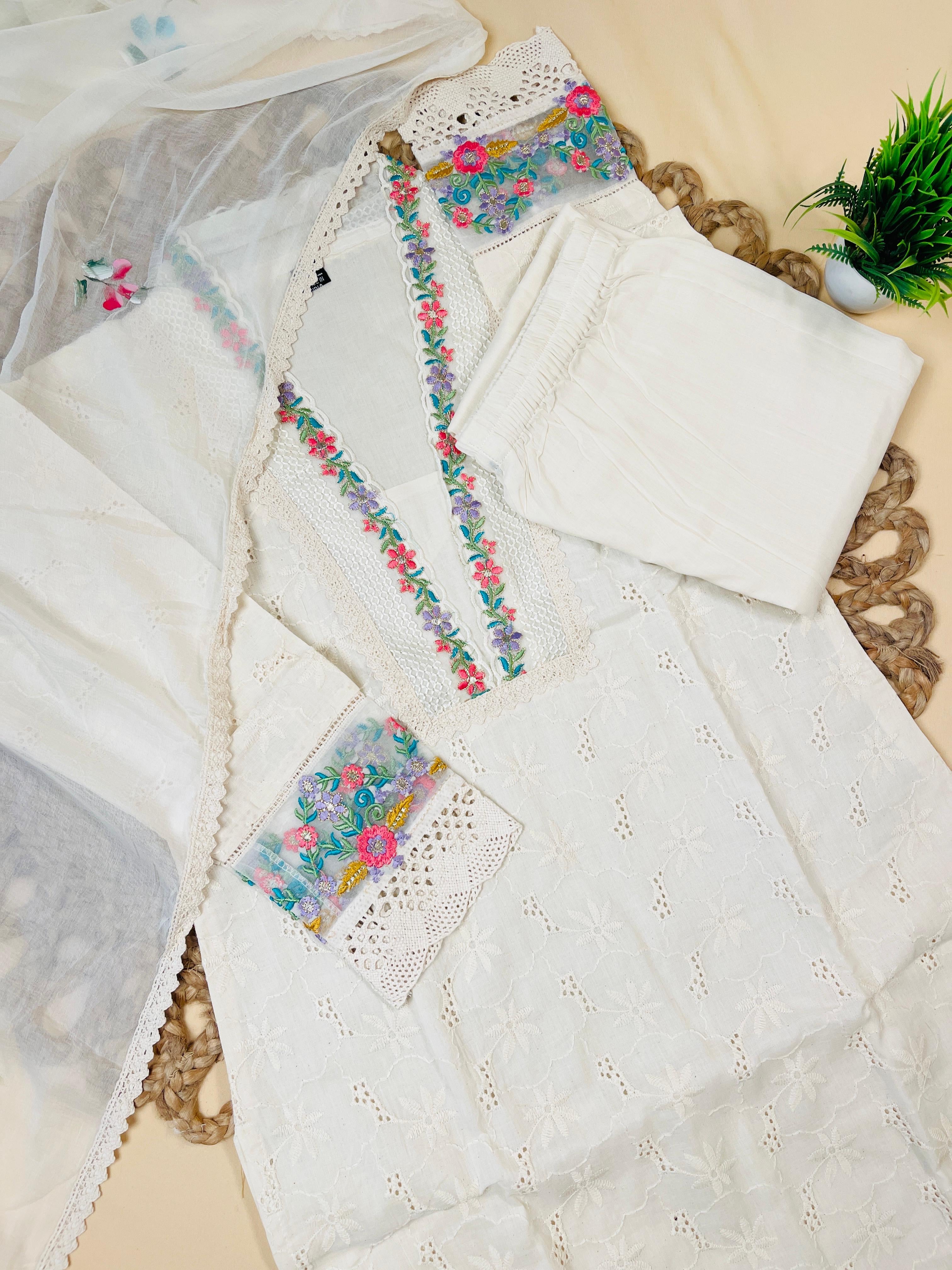 Off white Hakoba Salwar Suit With floral Work - Elegant Salwar