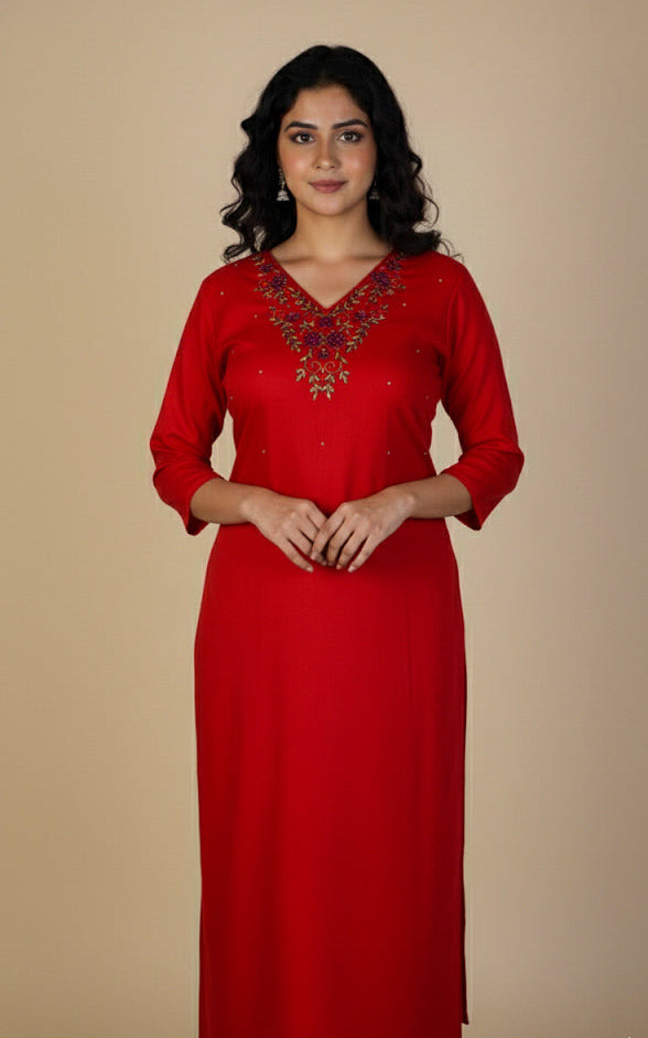 Elegant Dark Red Beads Work V-Neck Kurti (SU 115)