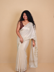 CHAMPAGNE FLORAL WITH THREAD EMBROIDERY SET SAREE(SU 785)✨🌼
