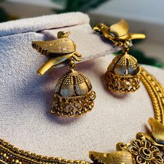 BIRD HERITAGE ANTIQUE GOLD FINISH NECKLACE JHUMKA SET (SJ 212)