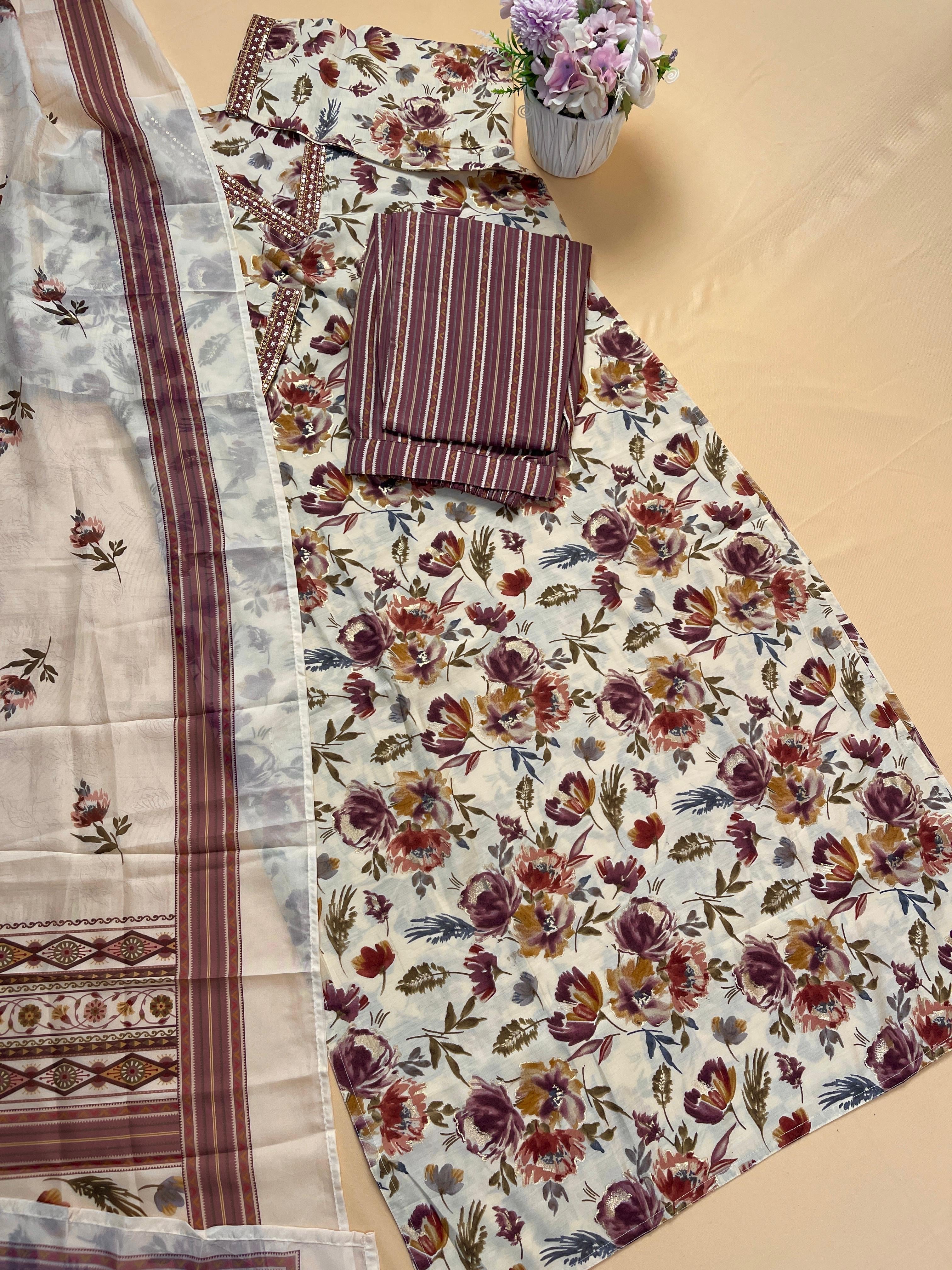 Cream & Brown Floral Print Kurtha Set - SU 73