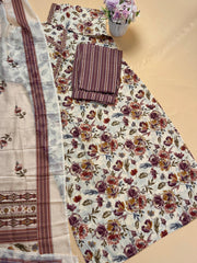 Cream & Brown Floral Print Kurtha Set - SU 73