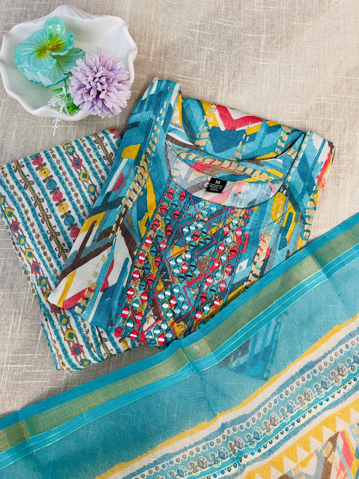 Sky blue Kurthi set with front mirror work