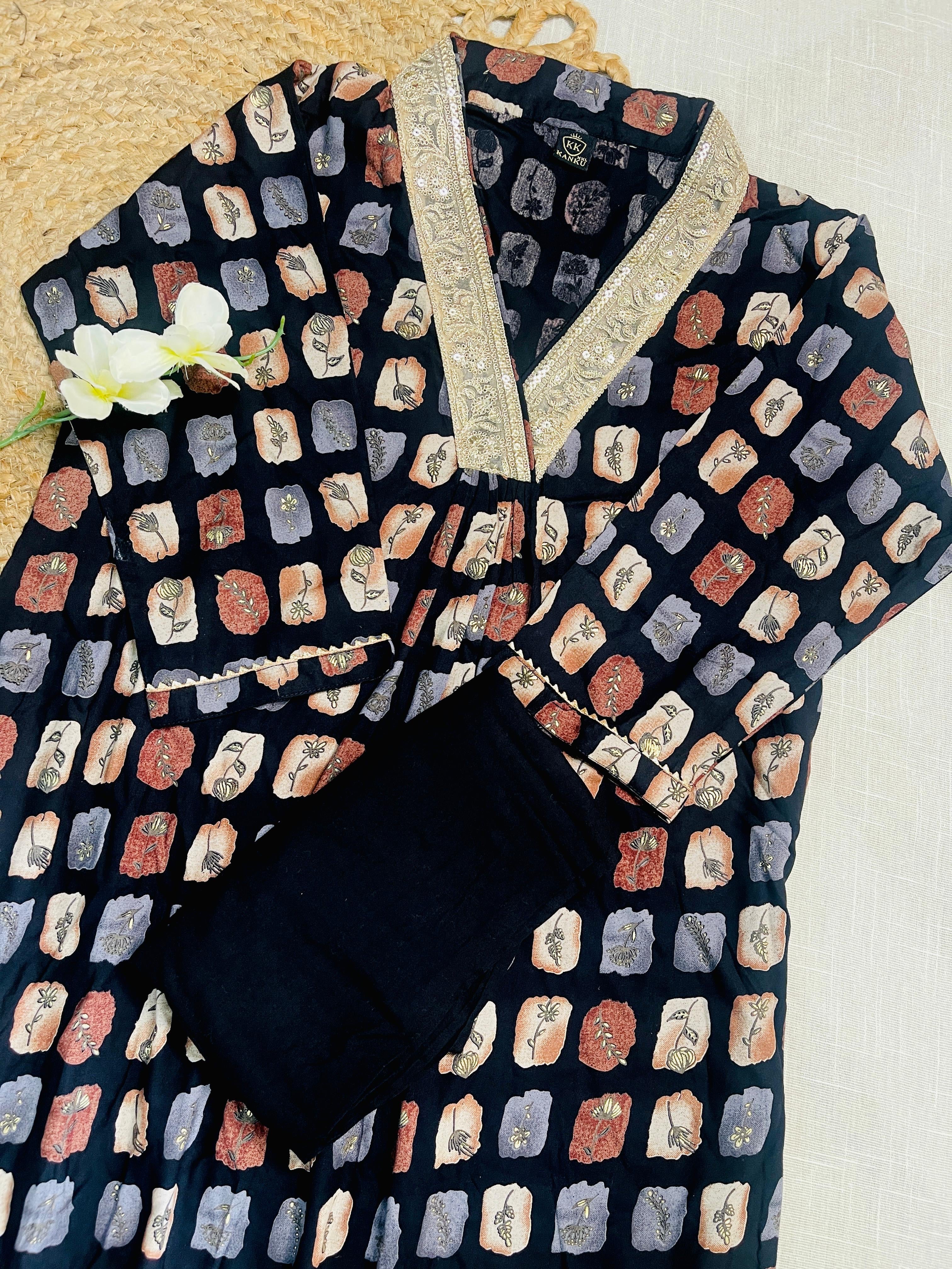 Black kurtha with golden V neck