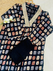 Black kurtha with golden V neck