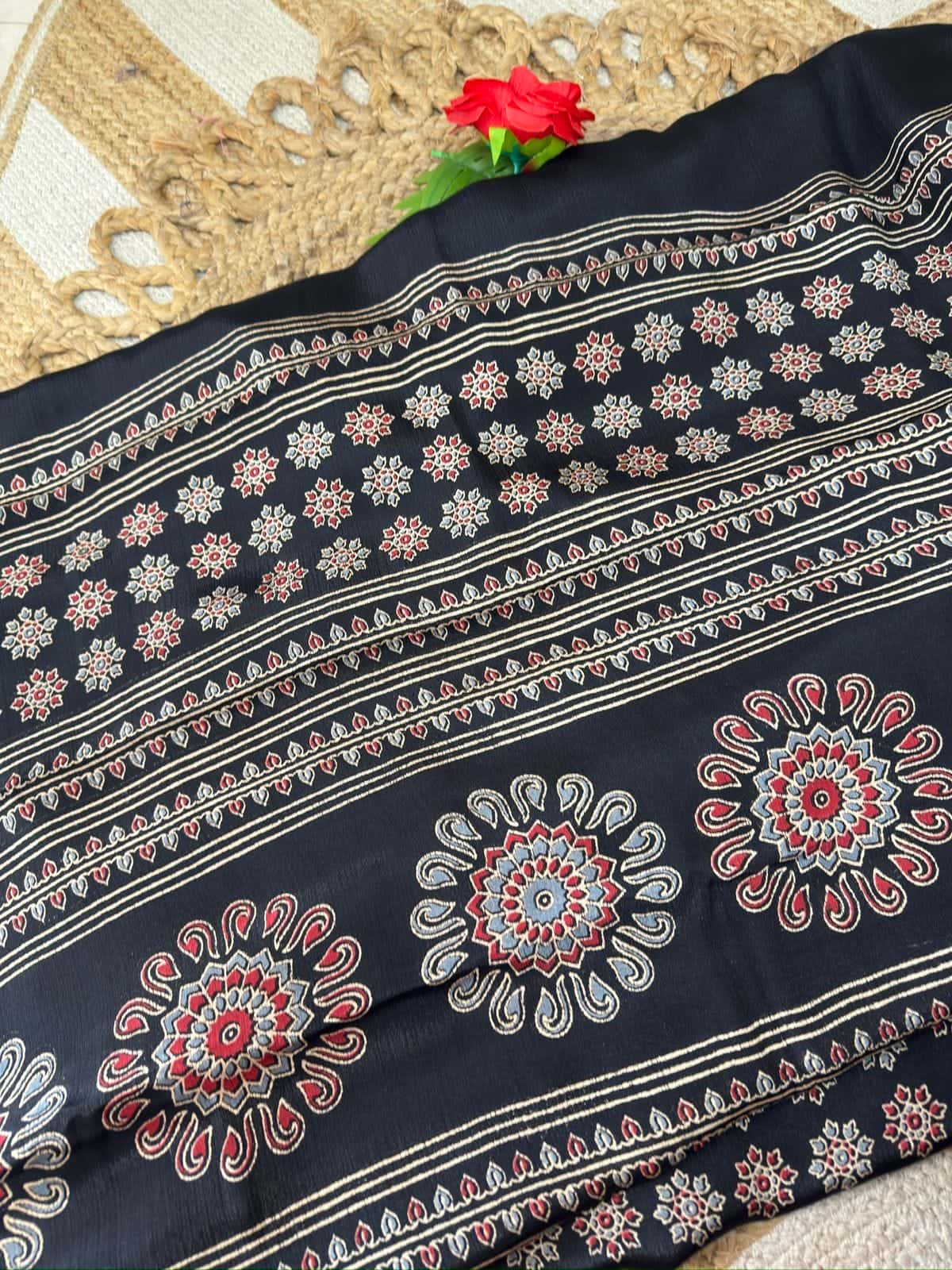 Black Ajrak semi modal silk saree