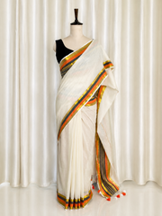 SWARNALATHA✨🧡KASAVU STRIPED WITH ORANGE & BLACK BORDER MUL COTTON SAREE(SU 873)