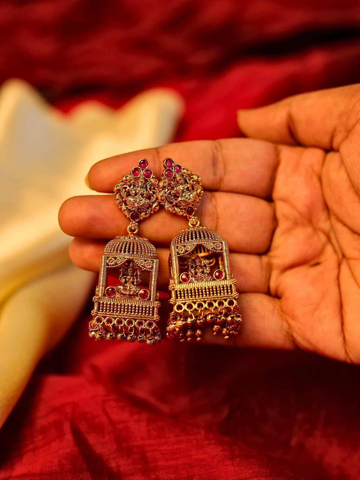 Antique Gold Ruby Red Temple Gopuram Jhumka