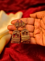 Antique Gold Ruby Red Temple Gopuram Jhumka