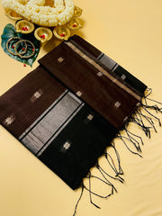 SU 570 Black & Brown Cotton Saree with Gold Zari Motifs and Contrast Border