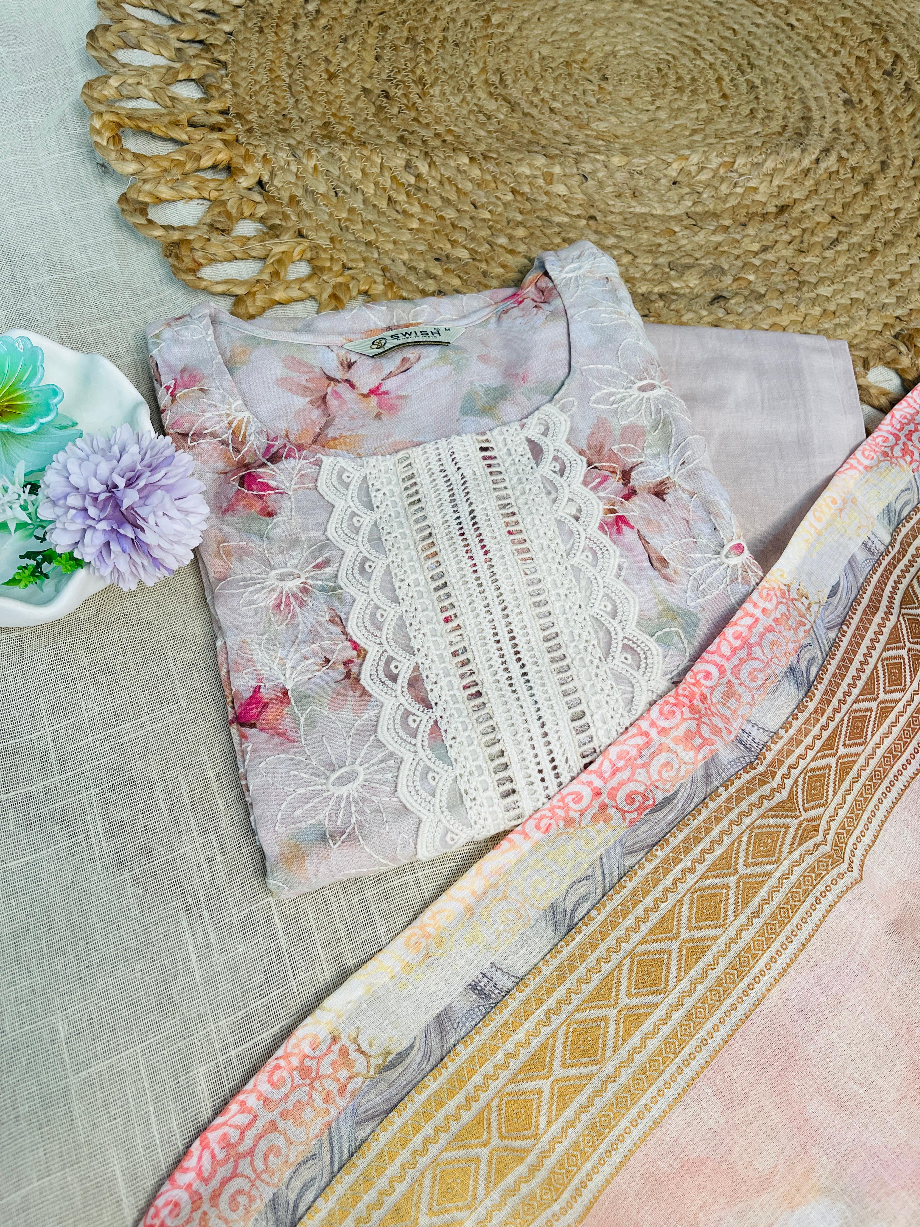 Light pink kurtha set with white lace work