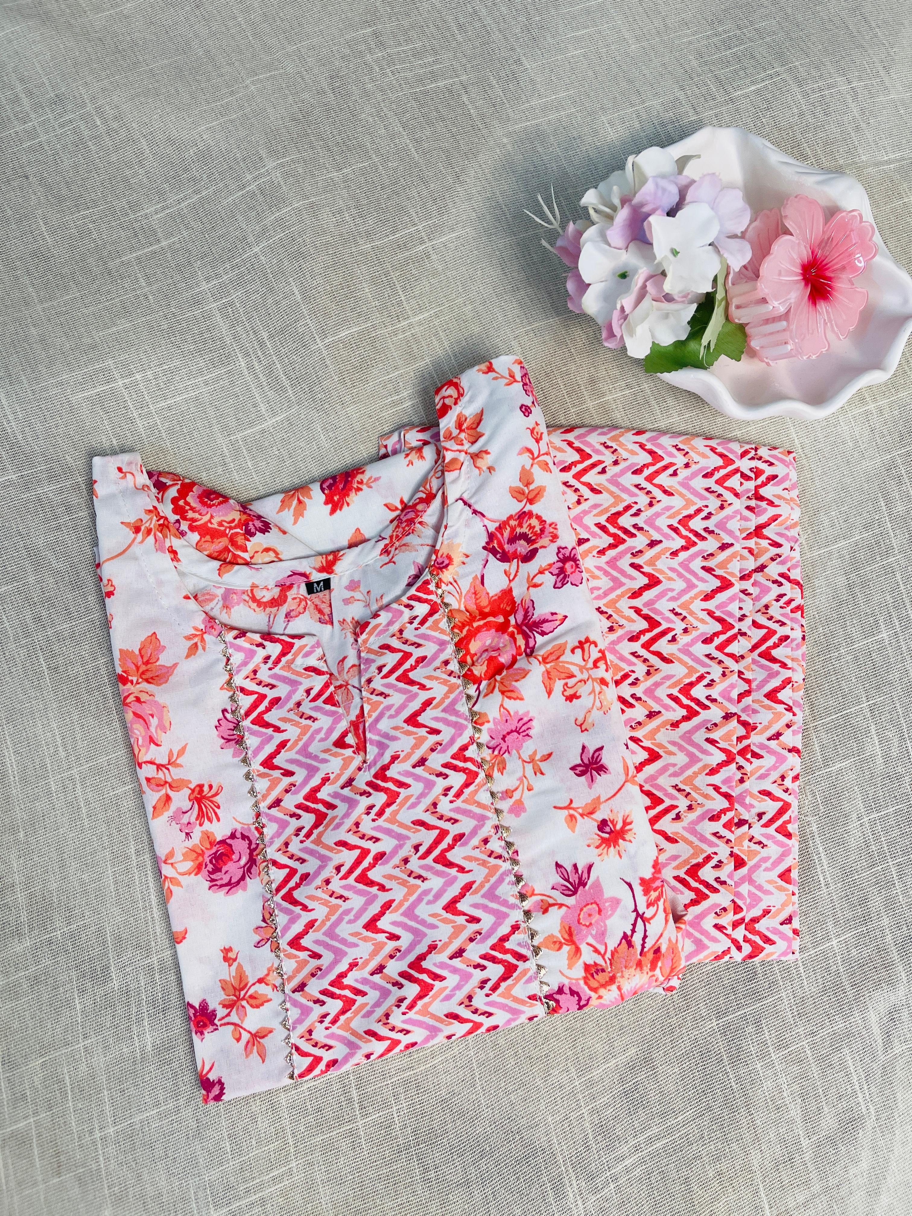 White kurti with floral print & Pants
