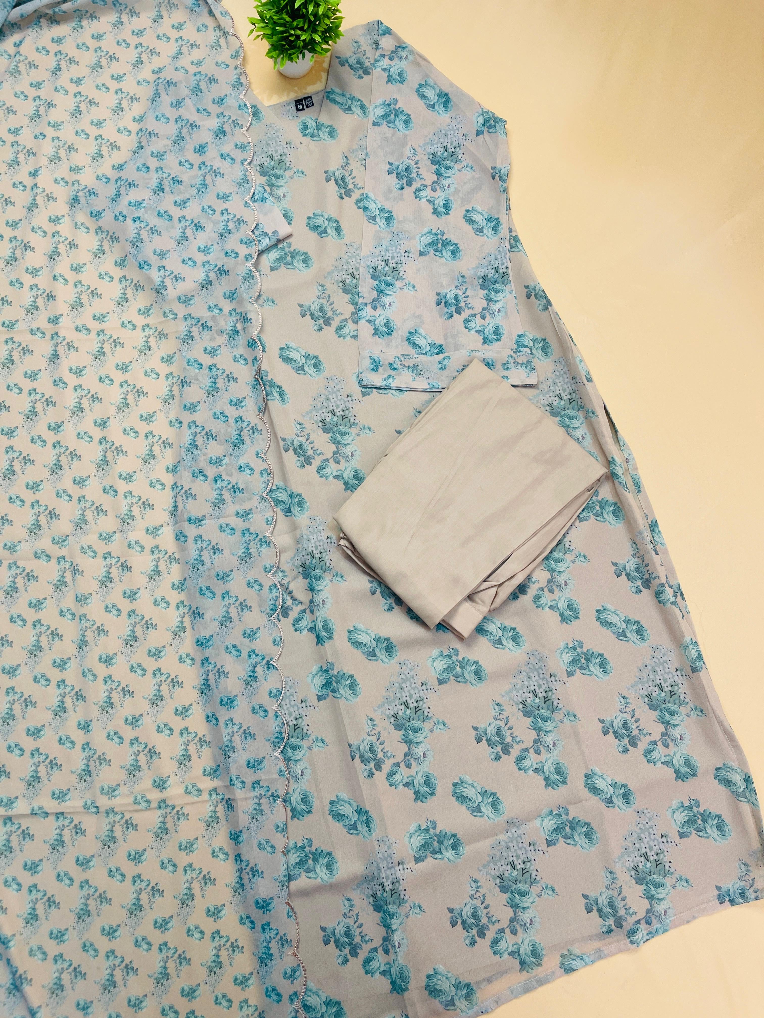Georgette Grey Salwar Set with Green Floral Print - SU 147