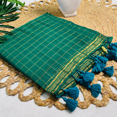 THULASI🍃✨BOTTLE GREEN WITH GOLDEN CHECKS SOFT MULCOTTON SAREE (SU 818)