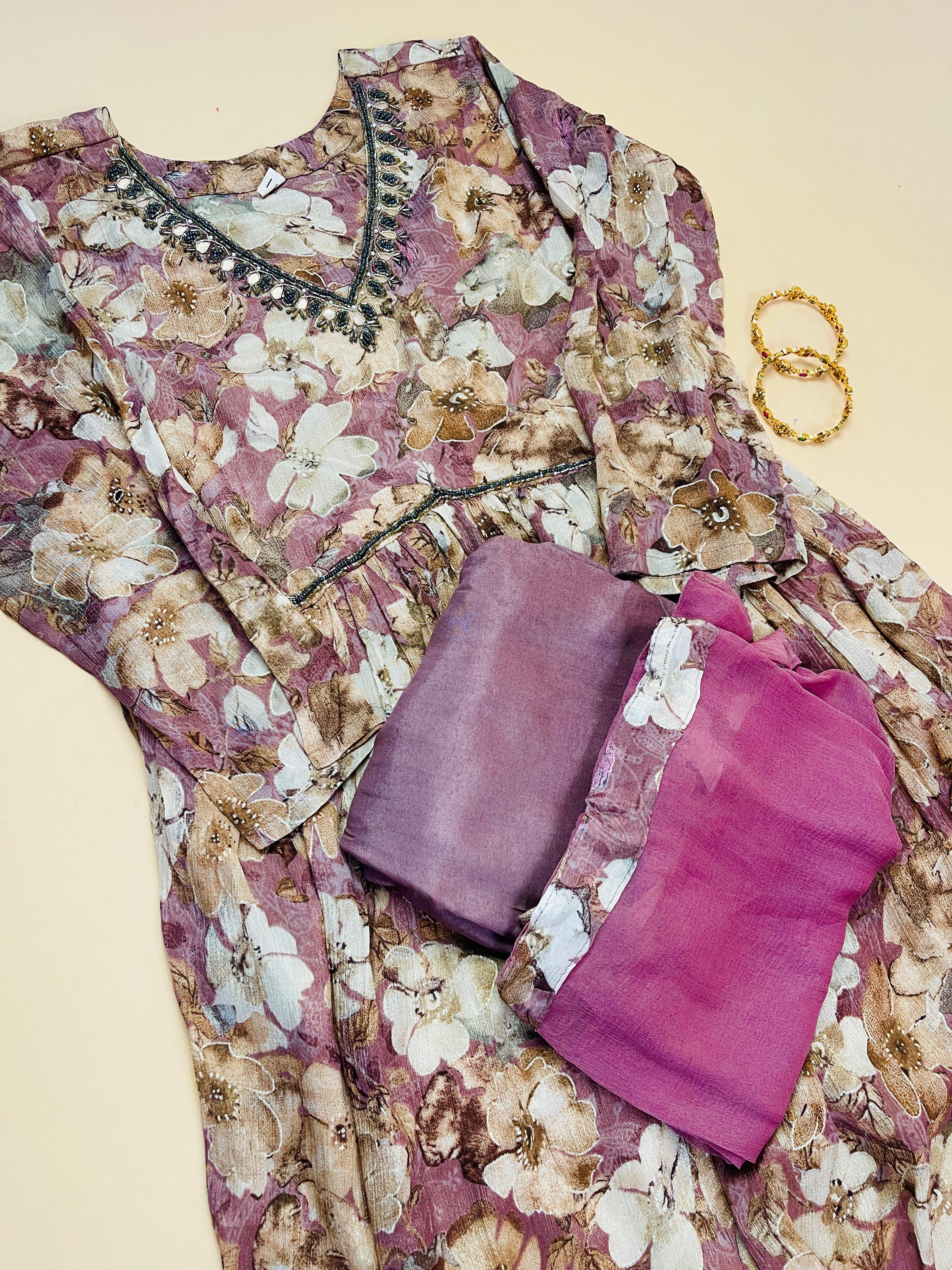 Mauve & Beige Floral Georgette Anarkali Suit Set