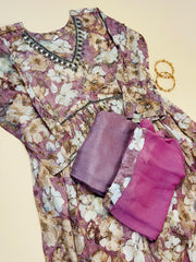Mauve & Beige Floral Georgette Anarkali Suit Set