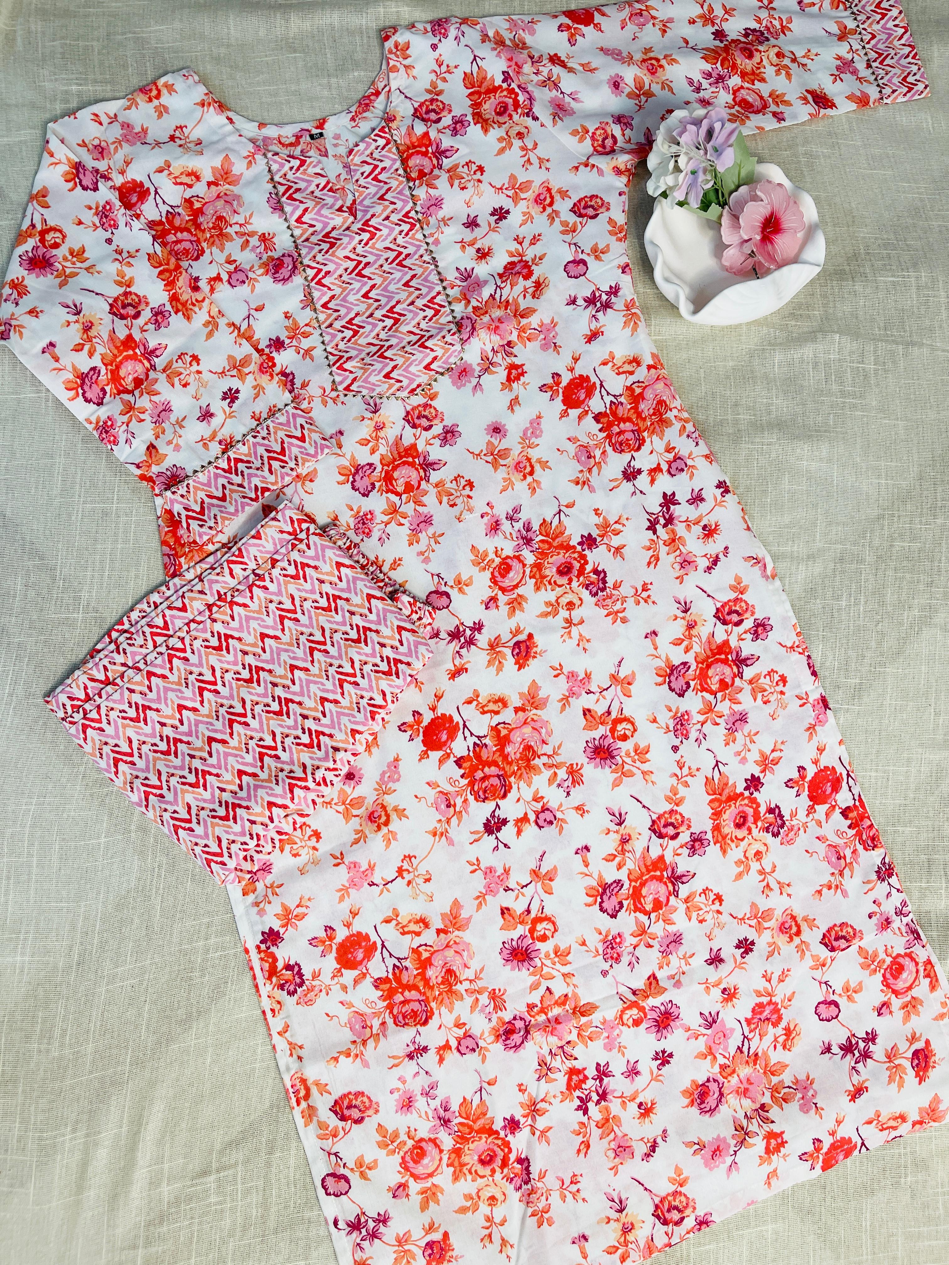 White kurti with floral print & Pants