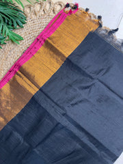 Pink and golden dual border black cotton saree (SU 801)