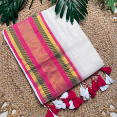വൈദേഹി ✨TRADITIONAL KASAVU BORDER WITH PINK & GOLD STRIPES MUL COTTON SAREE (SU 875)