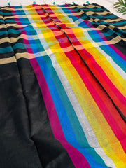 BLACK WITH MULTICOLOURED STRIPES & BORDER CHECK KHADI MUL COTTON SAREE (SU 852)