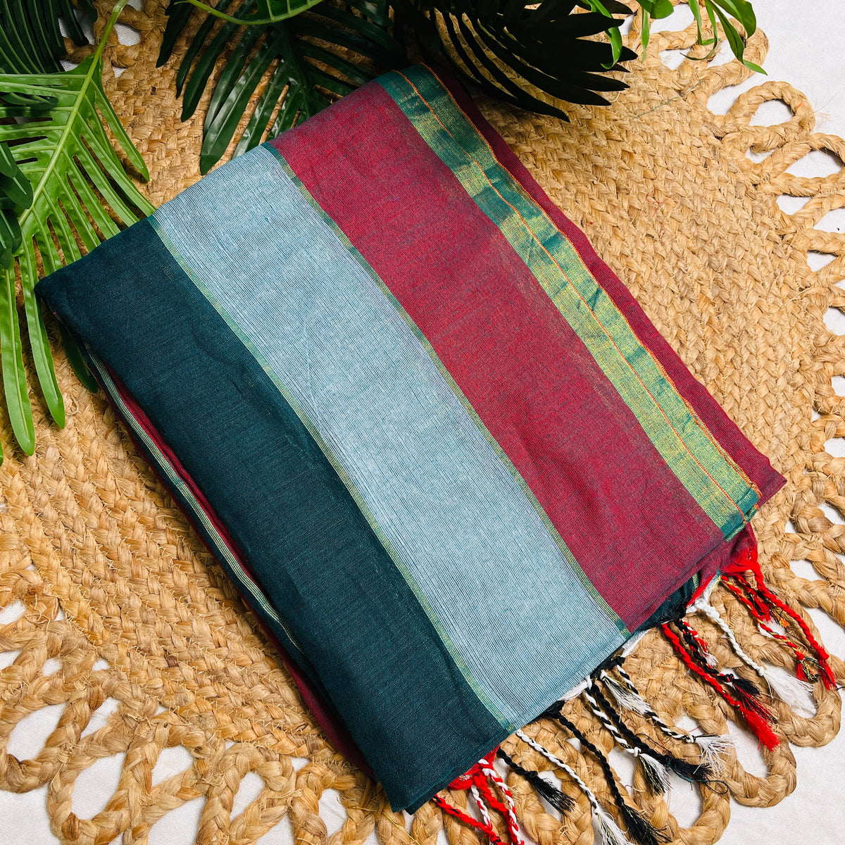 TRIDHARA🍃✨MULTICOLOURED STRIPES DESIGN KHADI COTTON SAREE (SU 825)