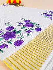 SU 569-Purple Floral Kerala Kasavu Saree with Golden Border