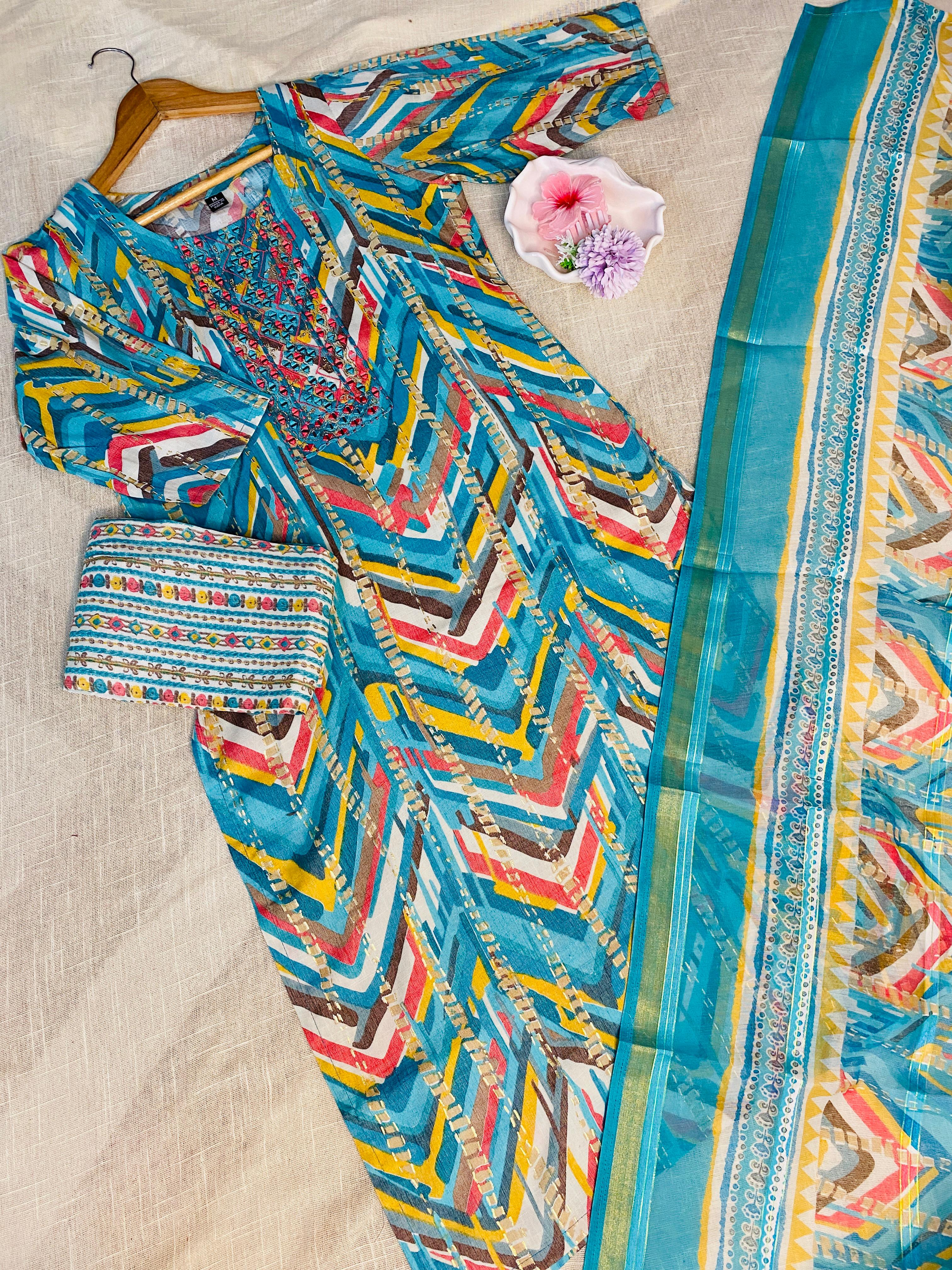 Sky blue Kurthi set with front mirror work