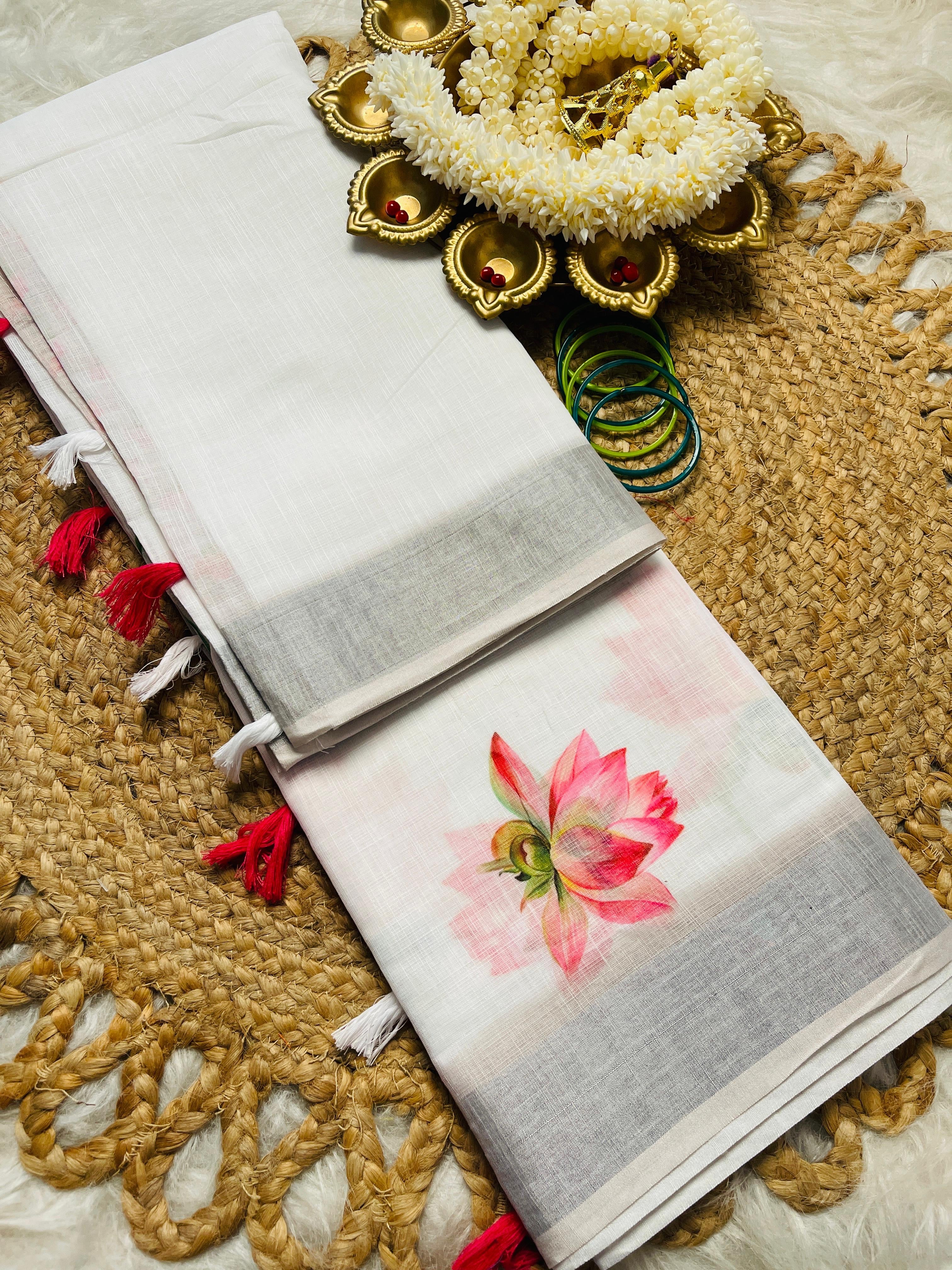 Silver Border White Linen Saree with Lotus Print