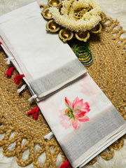 Silver Border White Linen Saree with Lotus Print