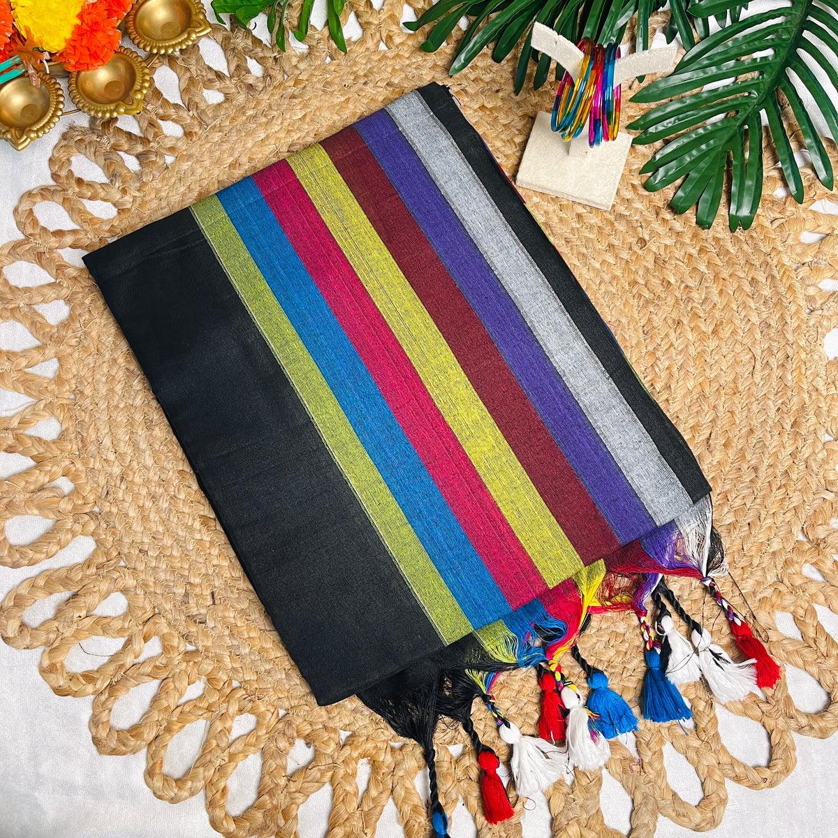 ITHAL ✨🌺BLACK WITH MULTICOLOURED STRIPES KHADI MUL COTTON SAREE (SU 853)