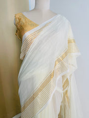OFF WHITE GOLDEN STRIPES MUL COTTON SAREE (SU 890)
