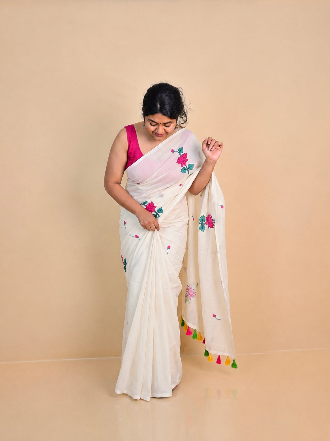 KAMALA🪷✨EMBROIDERY PINK LOTUS MUL COTTON SAREE  (SU 805)