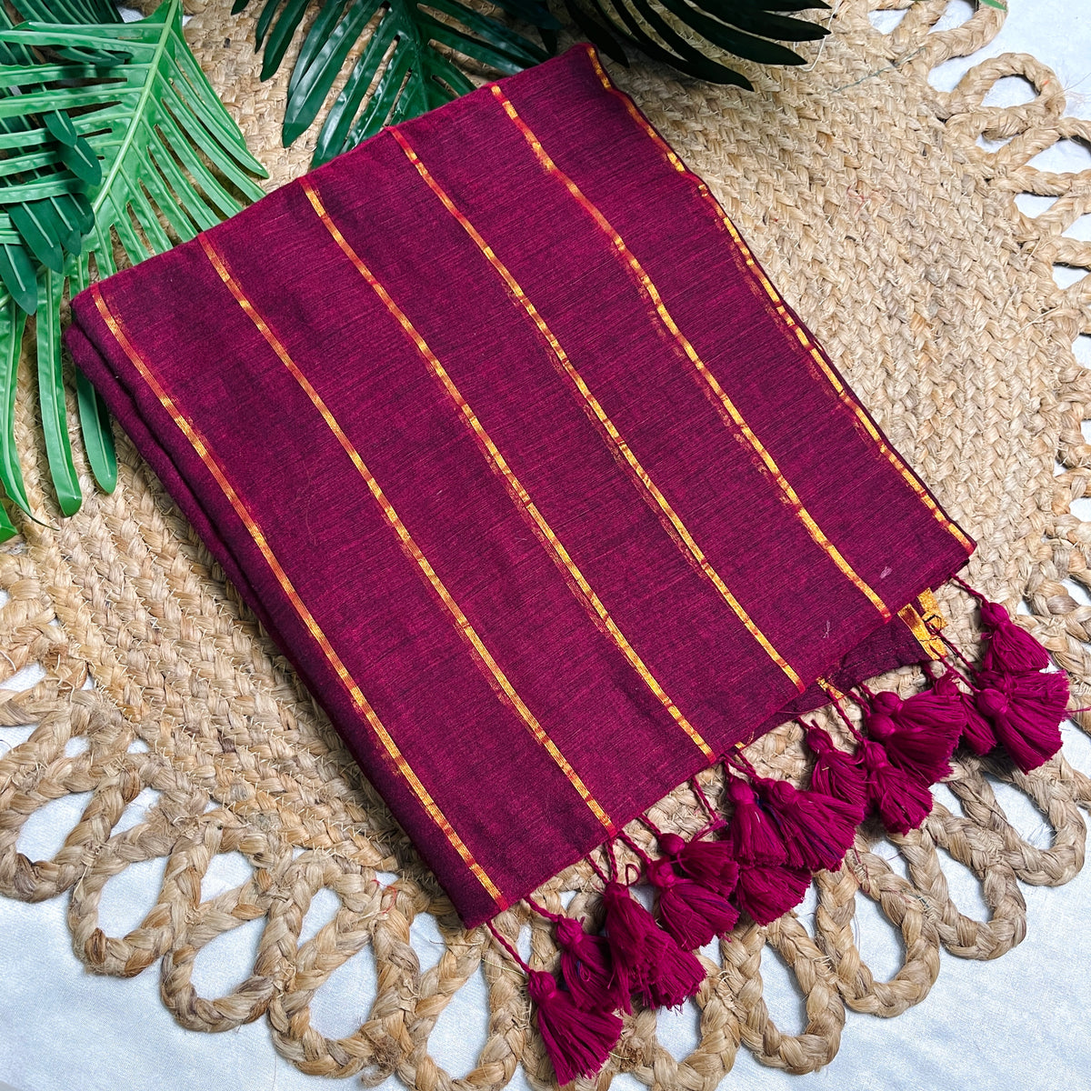 MADHULIKA🌺✨RANI WINE WITH GOLDEN STRIPES SOFT MUL COTTON SAREE (SU 822)