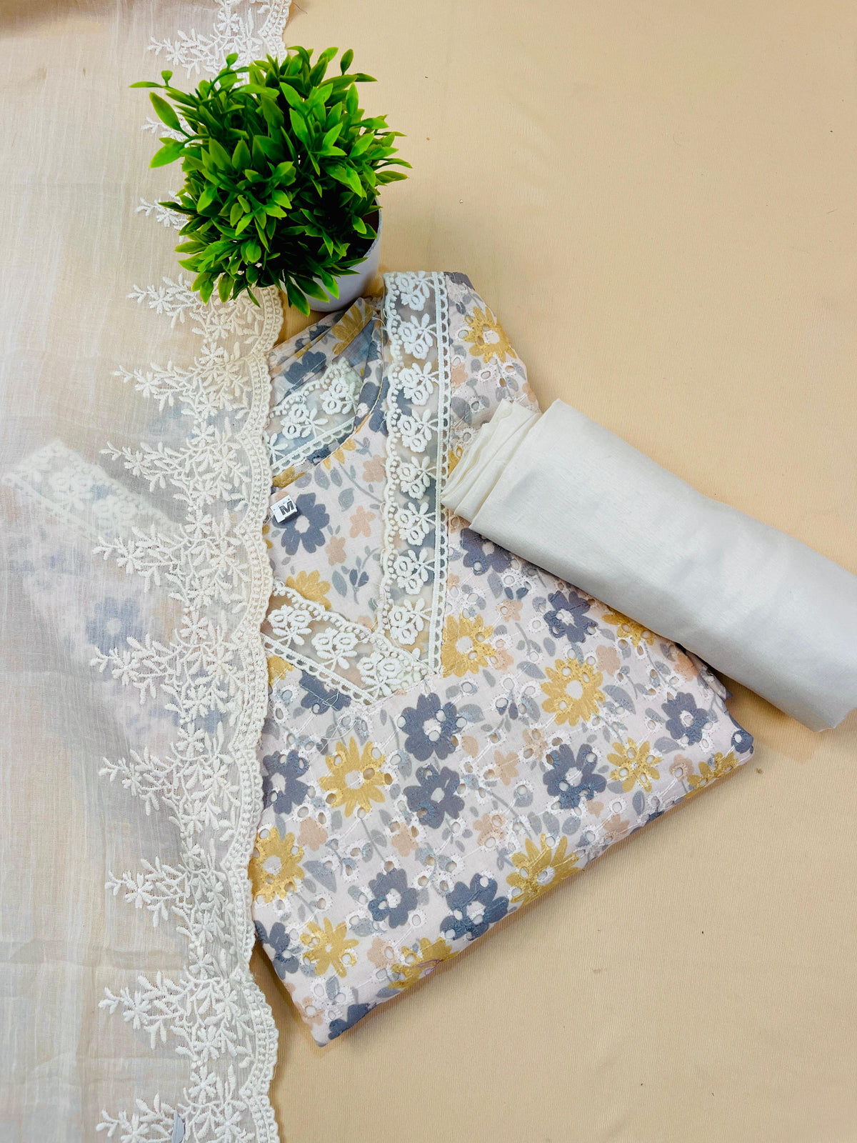 Cream Hakoba Kurtha Set with Yellow & Grey Floral Print
