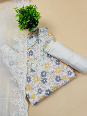 Cream Hakoba Kurtha Set with Yellow & Grey Floral Print