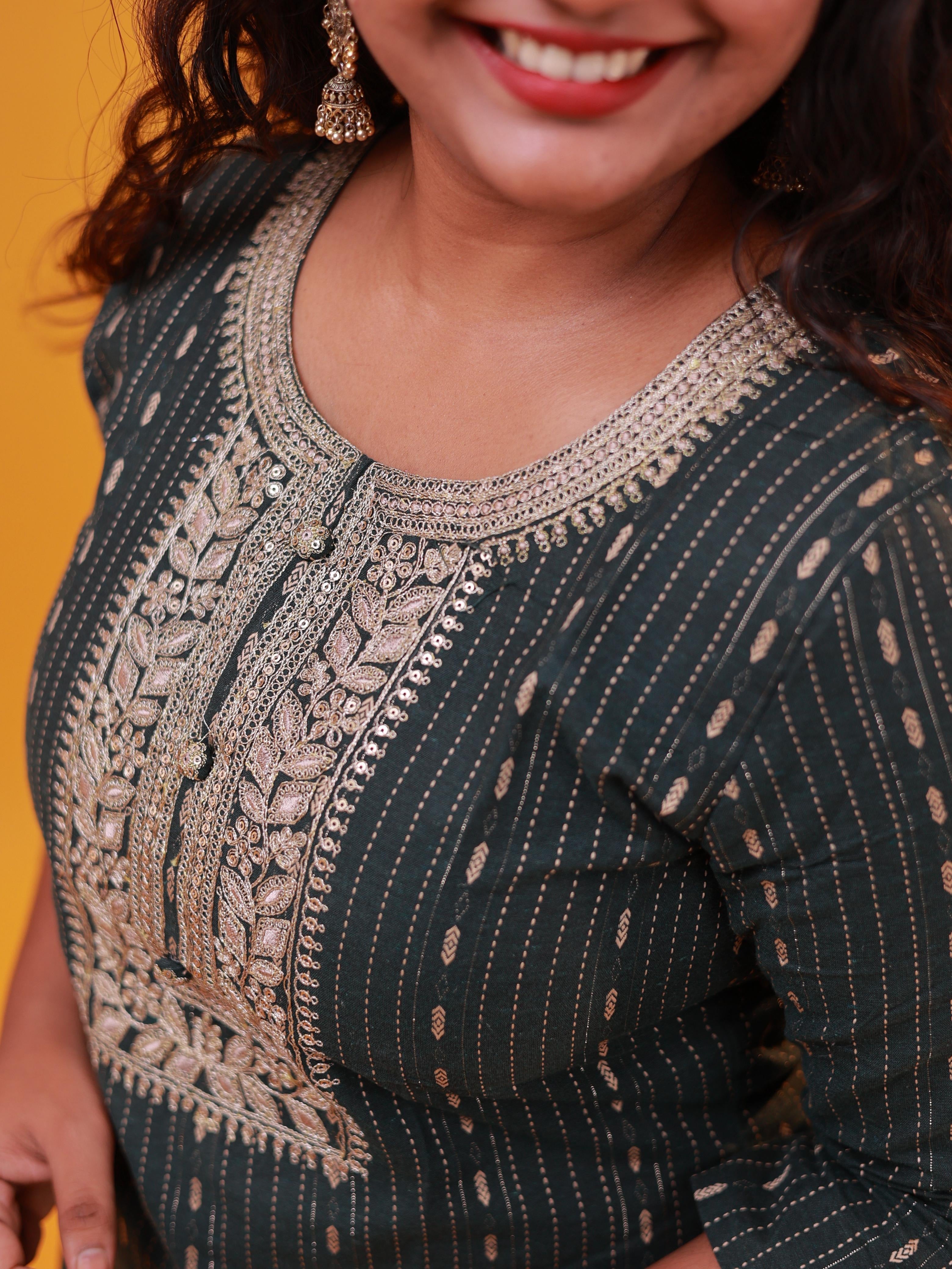 Green & Golden Embroidered Straight Kurti with Neck Detailing