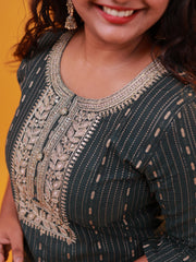 Green & Golden Embroidered Straight Kurti with Neck Detailing