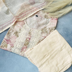 FLORAL PINK CREAM MIX KURTHA SET (SU 110)