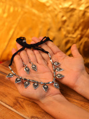 Oxidized Silver Drop Motif Necklace Set with Matching Earrings