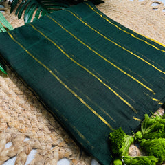 HARITHA🌿✨BOTTLE GREEN WITH GOLDEN STRIPES MUL COTTON SAREE (SU 815)