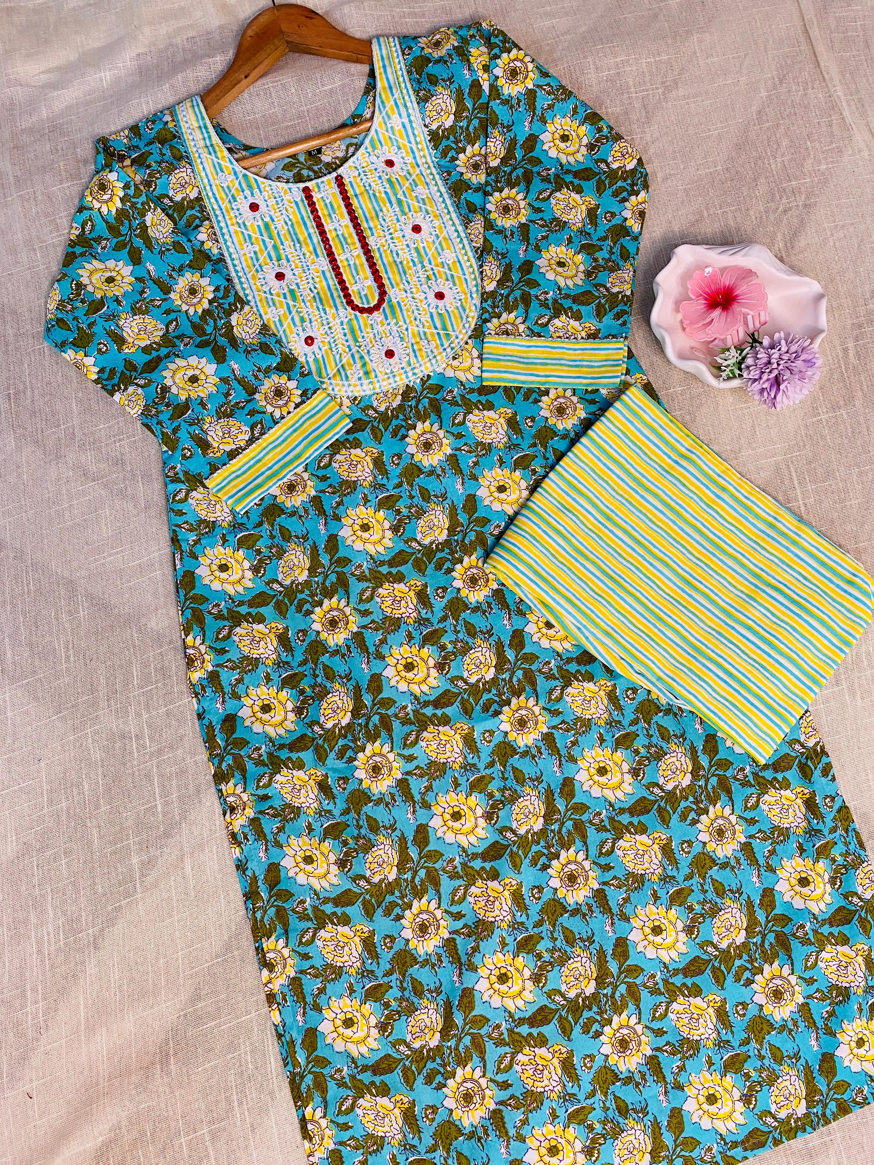 Light Green kurthi top with front red thread works & pants