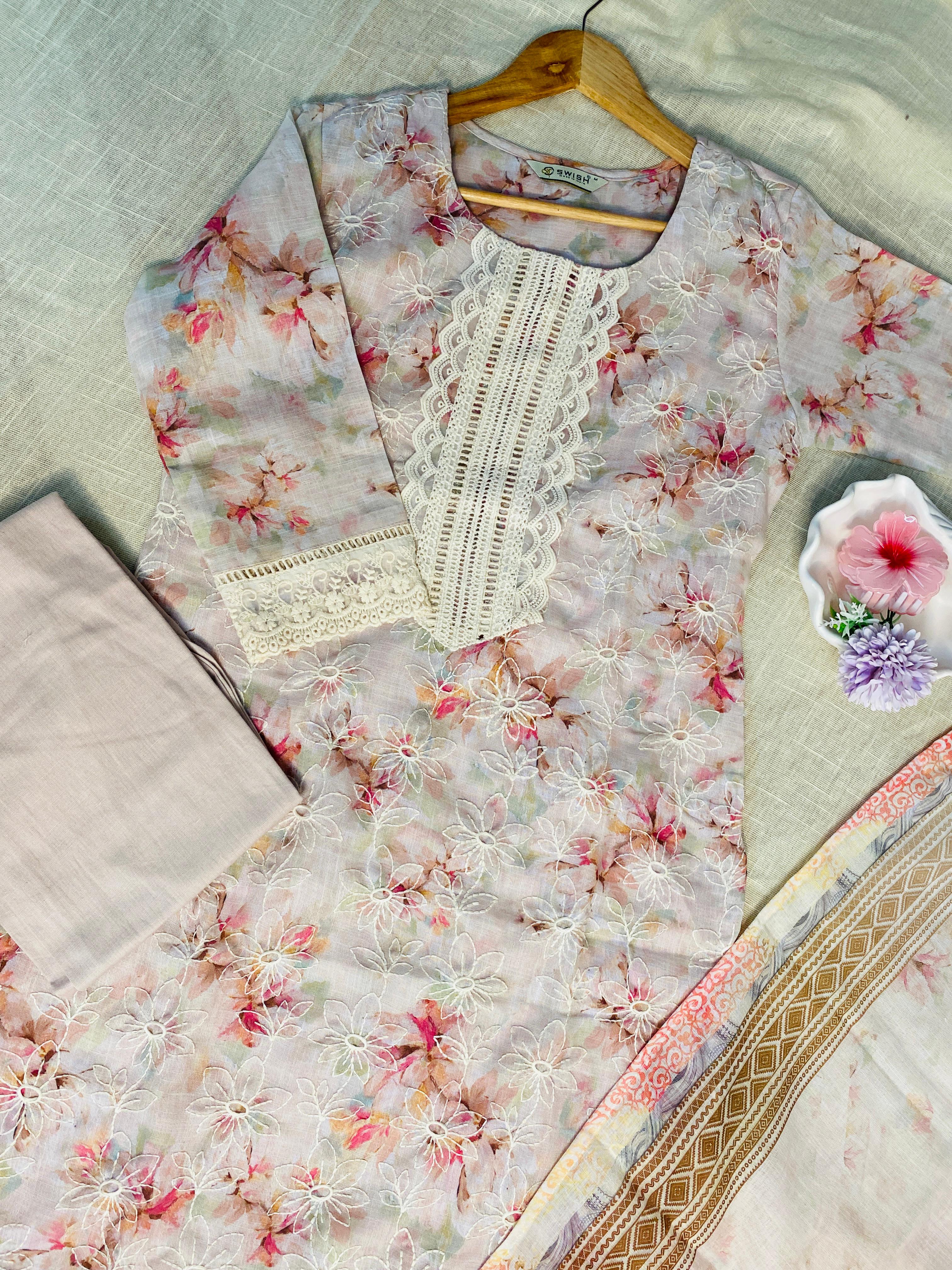 Light pink kurtha set with white lace work