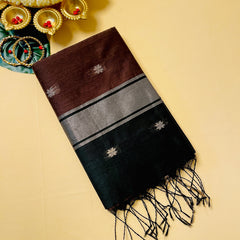 SU 570 Black & Brown Cotton Saree with Gold Zari Motifs and Contrast Border